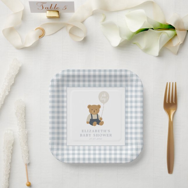 Light Blue Gingham Teddy Bear Baby Shower Paper Plate (Wedding)