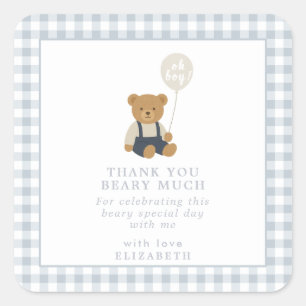Light Blue Gingham Teddy Bear Baby Shower Square Sticker