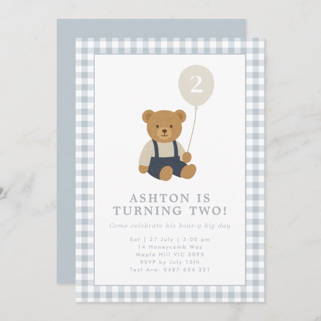 Light Blue Gingham Teddy Bear Birthday Invitation (Front/Back)