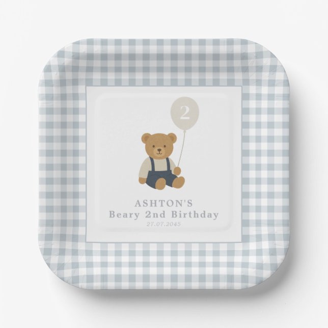 Light Blue Gingham Teddy Bear Birthday Party Paper Plate (Front)