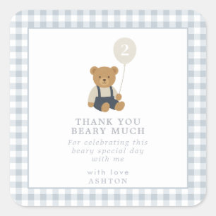Light Blue Gingham Teddy Bear Birthday  Square Sticker