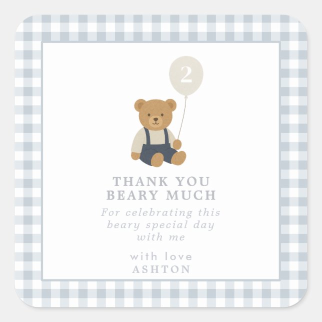 Light Blue Gingham Teddy Bear Birthday  Square Sticker (Front)