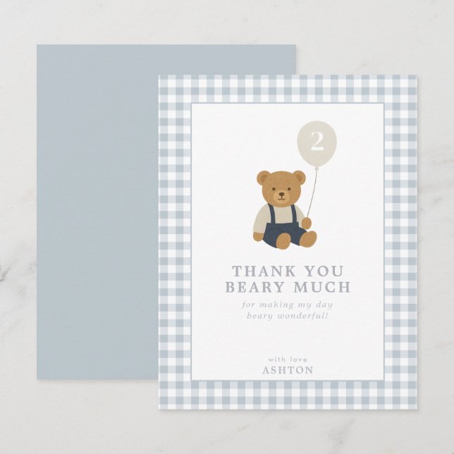 Light Blue Gingham Teddy Bear thank you card (Front/Back)
