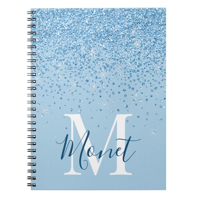 Light Blue Girly Glitter Glam Monogram Name Notebook (Front)