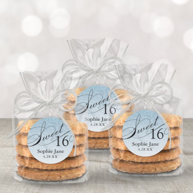 Light Blue Glam Glitter Sweet 16 Personalised Classic Round Sticker (Creator Uploaded)