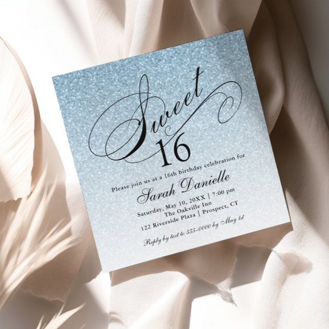 Light Blue Glam Glitter Sweet 16 Square Invitation (Creator Uploaded)