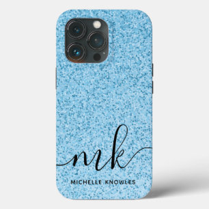 Light Blue Glitter Bokeh Custom Monogram and Name iPhone 13 Pro Case