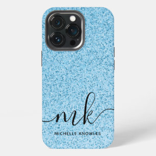 Light Blue Glitter Bokeh Custom Monogram and Name iPhone 13 Pro Case