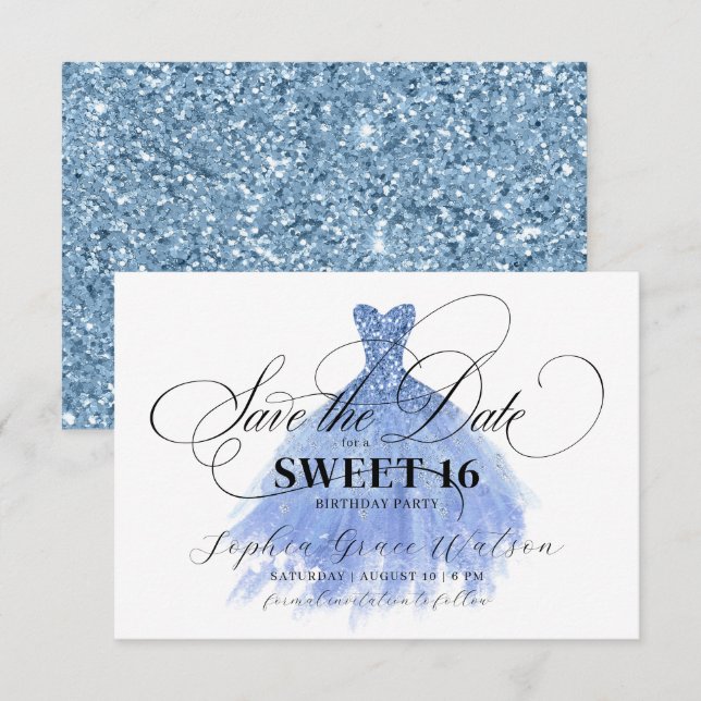 Light Blue Glitter Chic Dress Sweet 16 Birthday Save The Date (Front/Back)