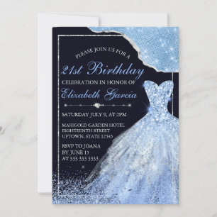 Light Blue Glitter Dress & Glam Edge 21st Birthday Invitation