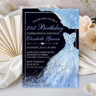 Light Blue Glitter Dress & Glam Edge 21st Birthday Invitation