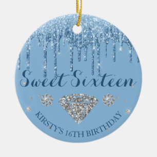Light Blue Glitter Drip Diamond Sweet Sixteen Ceramic Tree Decoration