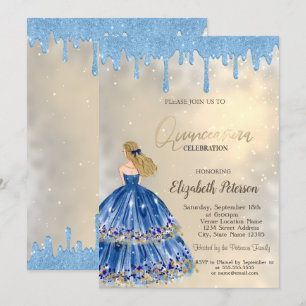Light Blue Glitter Drips,Dress Girl Gold  Invitation