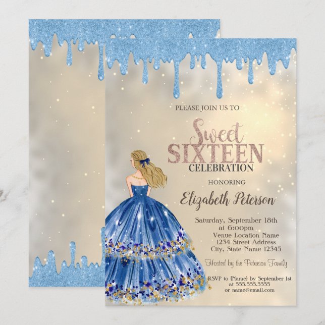 Light Blue Glitter Drips,Dress Girl Gold Sweet 16  Invitation (Front/Back)