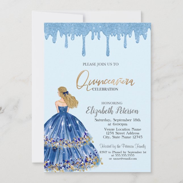 Light Blue Glitter Drips,Dress Girl Quinceanera Invitation (Front)