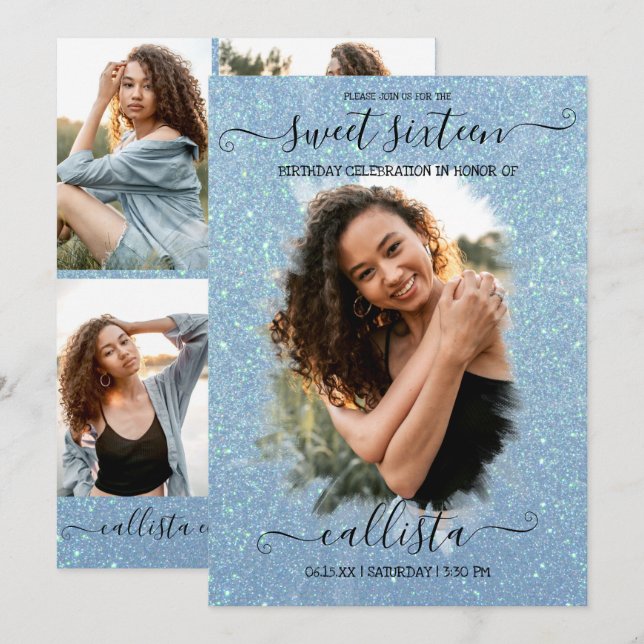 Light Blue Glitter Halo Photo Collage Sweet 16 Invitation (Front/Back)