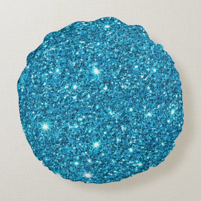 Light Blue Glitter Round Throw Pillow (Back)