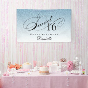 Light Blue Glitter Sweet 16 Personalised Birthday  Banner