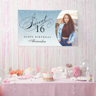 Light Blue Glitter Sweet 16 Personalised Photo Banner