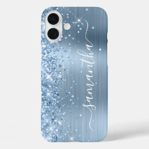 Light Blue Glittery Glam Girly Signature iPhone 16 Plus Case