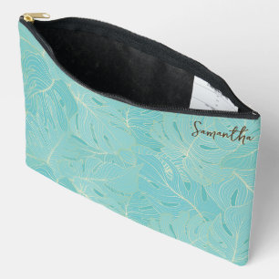 Light Blue & Gold Abstract Palm Leaves Pattern Accessory Pouch