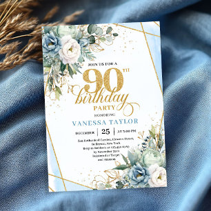 Light blue gold accents floral chic 90th birthday  invitation
