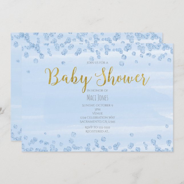 Light Blue & Gold Baby Shower Invitations (Front/Back)