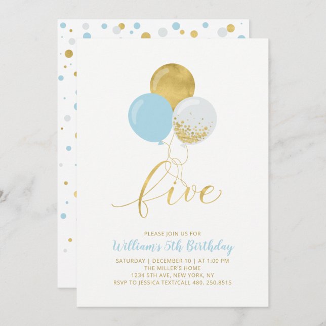 Light Blue & Gold Balloons Five 5th Birthday Party Invitation (Front/Back)