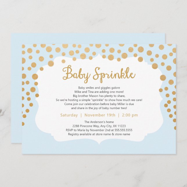 Light Blue gold boy baby sprinkle invite, baby #2 Invitation (Front/Back)