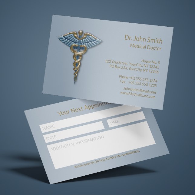 Light Blue Gold Caduceus Fine Professional Medical Appointment Card (Creator Uploaded)