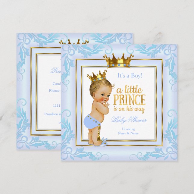 Light Blue Gold Crown Prince Baby Shower Blonde Invitation (Front/Back)