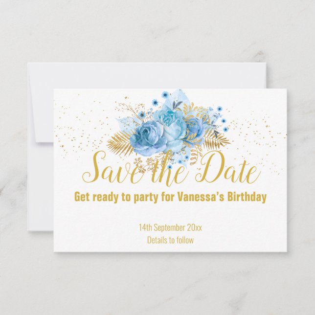 LIGHT BLUE GOLD FLORAL BOUQUET SAVE THE DATE RSVP CARD (Front)