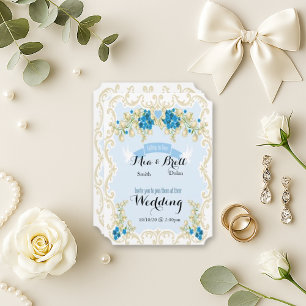 Light Blue Gold Floral Dove Wedding Invitation