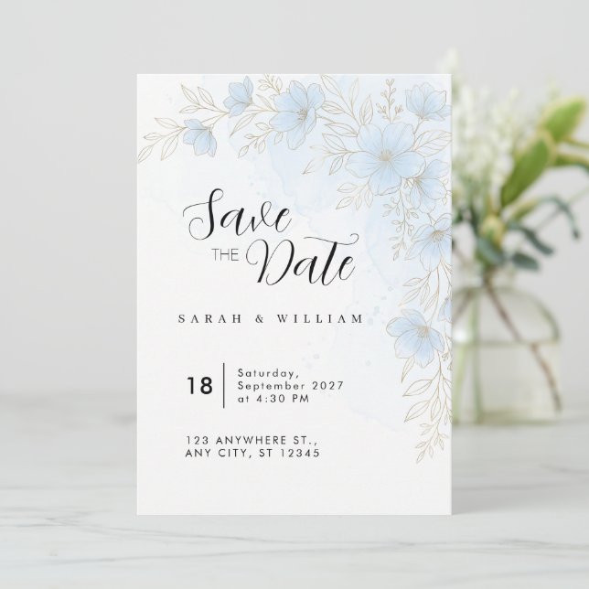 Light Blue Gold Floral Wedding Invitation (Standing Front)