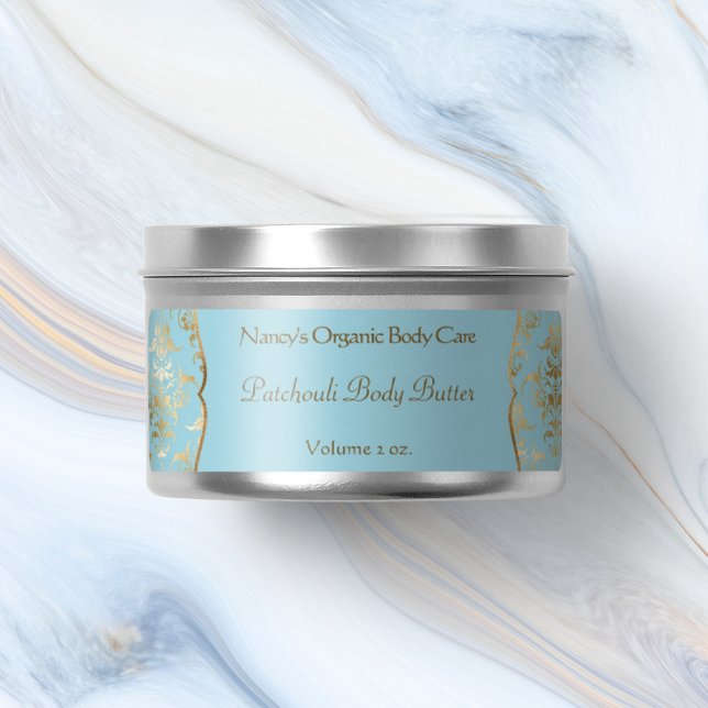 Light blue & gold foil damask cosmetics label 1 (Creator Uploaded)