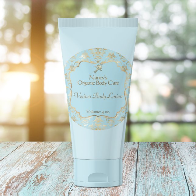 Light blue & gold foil damask cosmetics label 3 (Creator Uploaded)