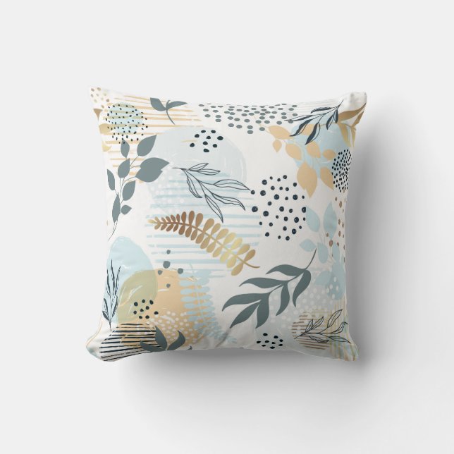 Light blue gold foliage botanical pattern cushion (Front)