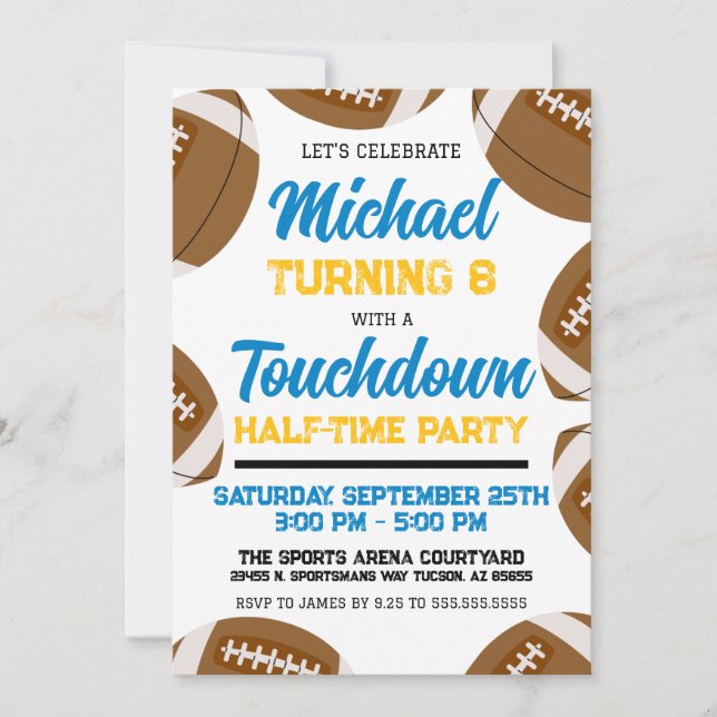 Light Blue Gold Football Halftime Birthday Party Invitation (Front)