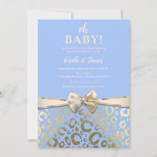 Light Blue & Gold Glam Leopard Print Baby Shower Invitation (Front)