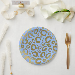 Light Blue & Gold Glam Leopard Print Party Paper Plate