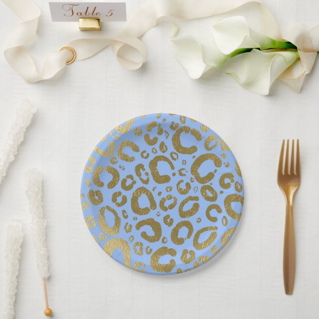 Light Blue & Gold Glam Leopard Print Party Paper Plate (Wedding)