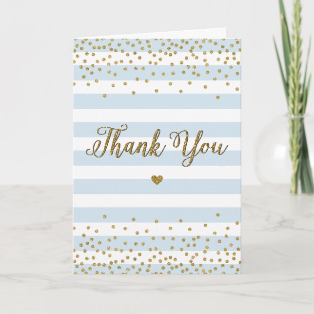 Light Blue Gold Glitter Boy Baby Shower Sprinkle T Thank You Card (Front)