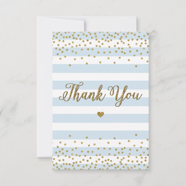 Light Blue Gold Glitter Boy Baby Shower Sprinkle T Thank You Card (Front)