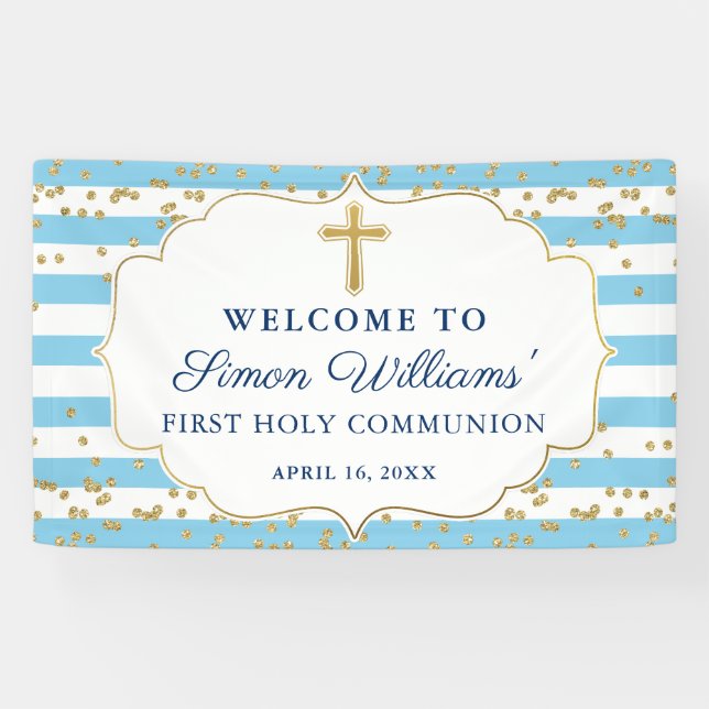 Light Blue Gold Glitter First Holy Communion Banner (Horizontal)