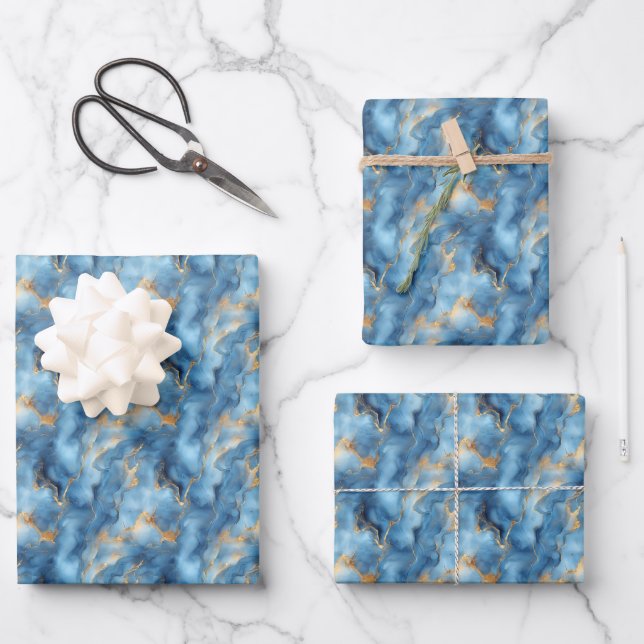 Light Blue & Gold Marble Wrapping Paper Sheet (Front)