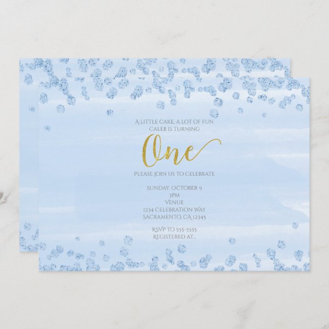 Light Blue & Gold ONE 1st Birthday Invitation (Front/Back)