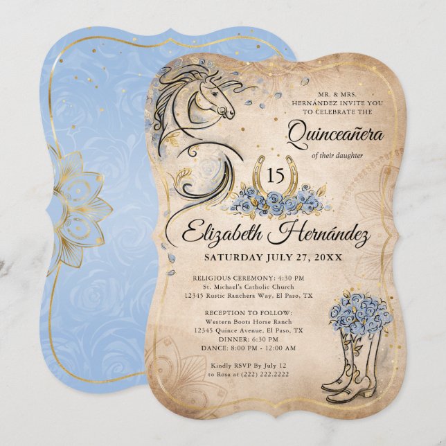 Light Blue Gold Quinceanera Rustic Horse Birthday Invitation (Front/Back)