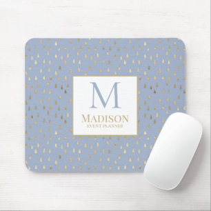 Light Blue Gold Raindrop Modern Trendy Monogram Mouse Mat