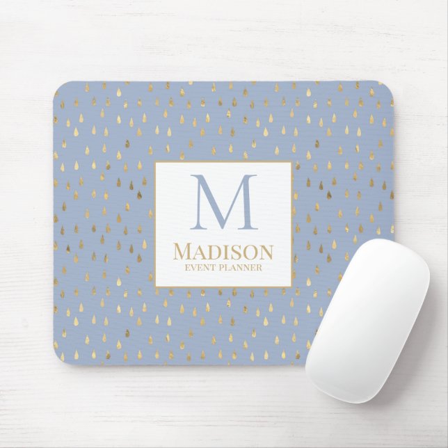 Light Blue Gold Raindrop Modern Trendy Monogram Mouse Mat (With Mouse)