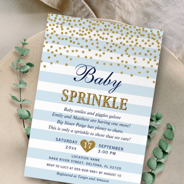 Light Blue Gold Stripe Confetti Baby Boy Sprinkle Invitation (Creator Uploaded)